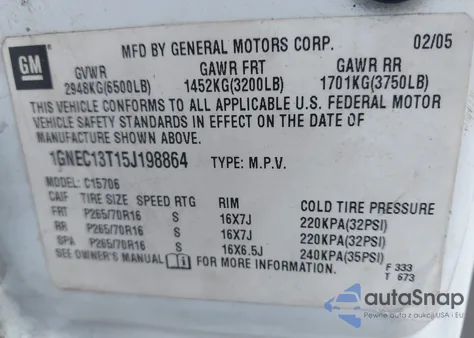 2005 Chevrolet Tahoe Ls from USA, damaged, VIN 1GNEC13T15J198864